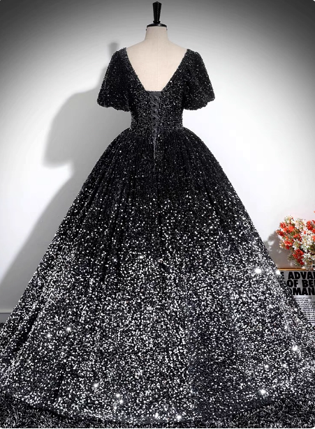 Luxury Shiny Black-Silver Gradient A-Line Short Sleeve Sequin Long Formal Prom Dresses