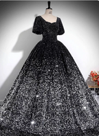 Luxury Shiny Black-Silver Gradient A-Line Short Sleeve Sequin Long Formal Prom Dresses