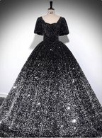 Luxury Shiny Black-Silver Gradient A-Line Short Sleeve Sequin Long Formal Prom Dresses
