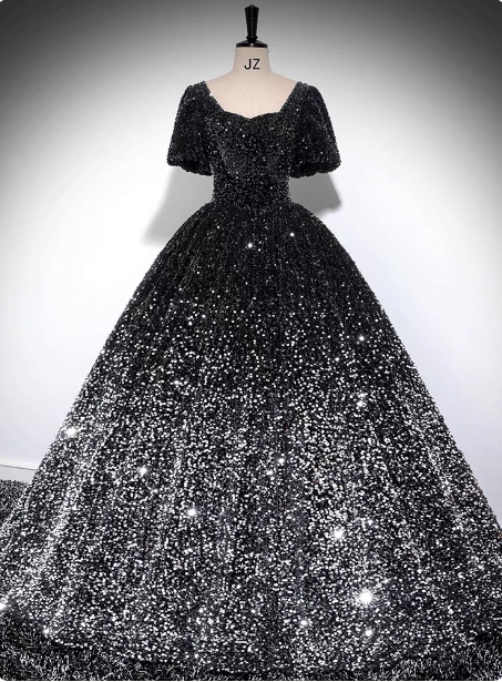 Luxury Shiny Black-Silver Gradient A-Line Short Sleeve Sequin Long Formal Prom Dresses