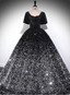 Luxury Shiny Black-Silver Gradient A-Line Short Sleeve Sequin Long Formal Prom Dresses