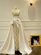 Luxury Slim-Fit Strapless Lace Satin Train Formal Prom Dresses Wedding Dresses