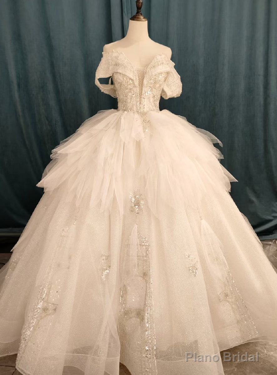 Luxury Tulle Sequins Off the Shoulder Wedding Dress With Train Main image