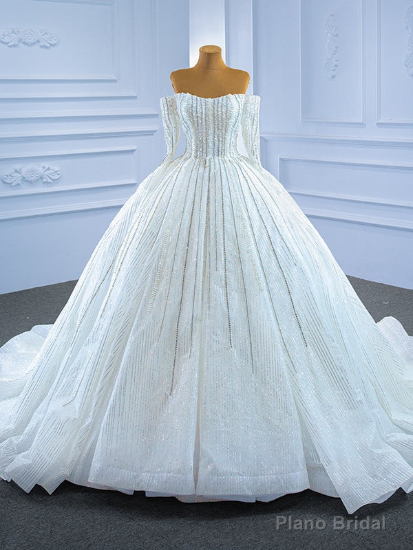Luxury Tulle Sequins Pearls Long Sleeve Wedding Dress
