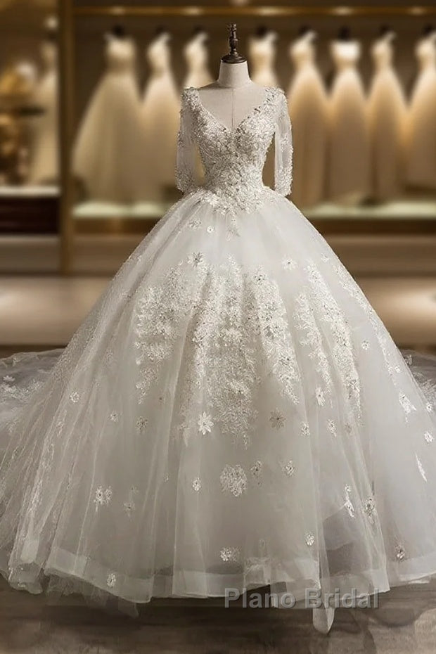 Luxury V-Neck Half Sleeves Tulle Applique With Beading Cathedral Train Ball Gown Wedding Dresses