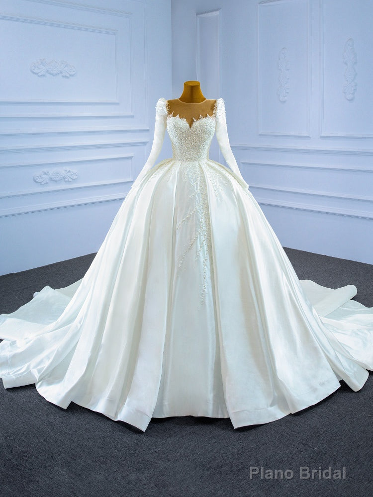 Luxury White Satin Long Sleeve Pearls Wedding Dress Main image