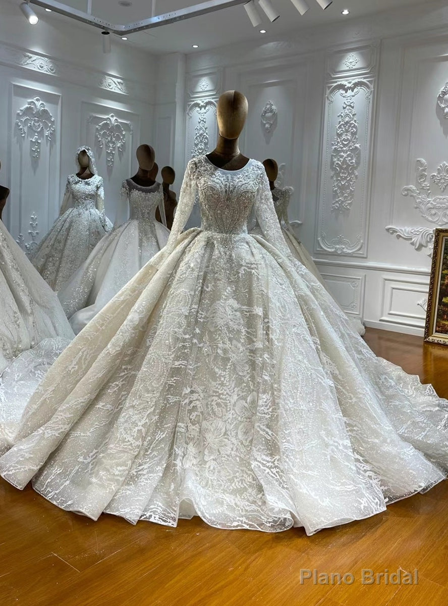 Luxury White Tulle Lace Long Sleeve Beading Wedding Dress Main image