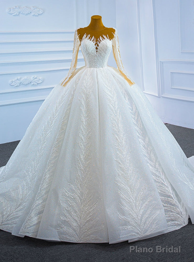 Luxury White Tulle Sequins Long Sleeve Wedding Dress Main image