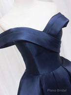 Blue V-neckline Satin Off Shoulder Party Dress, A-Line Blue Short Evening Prom Dress