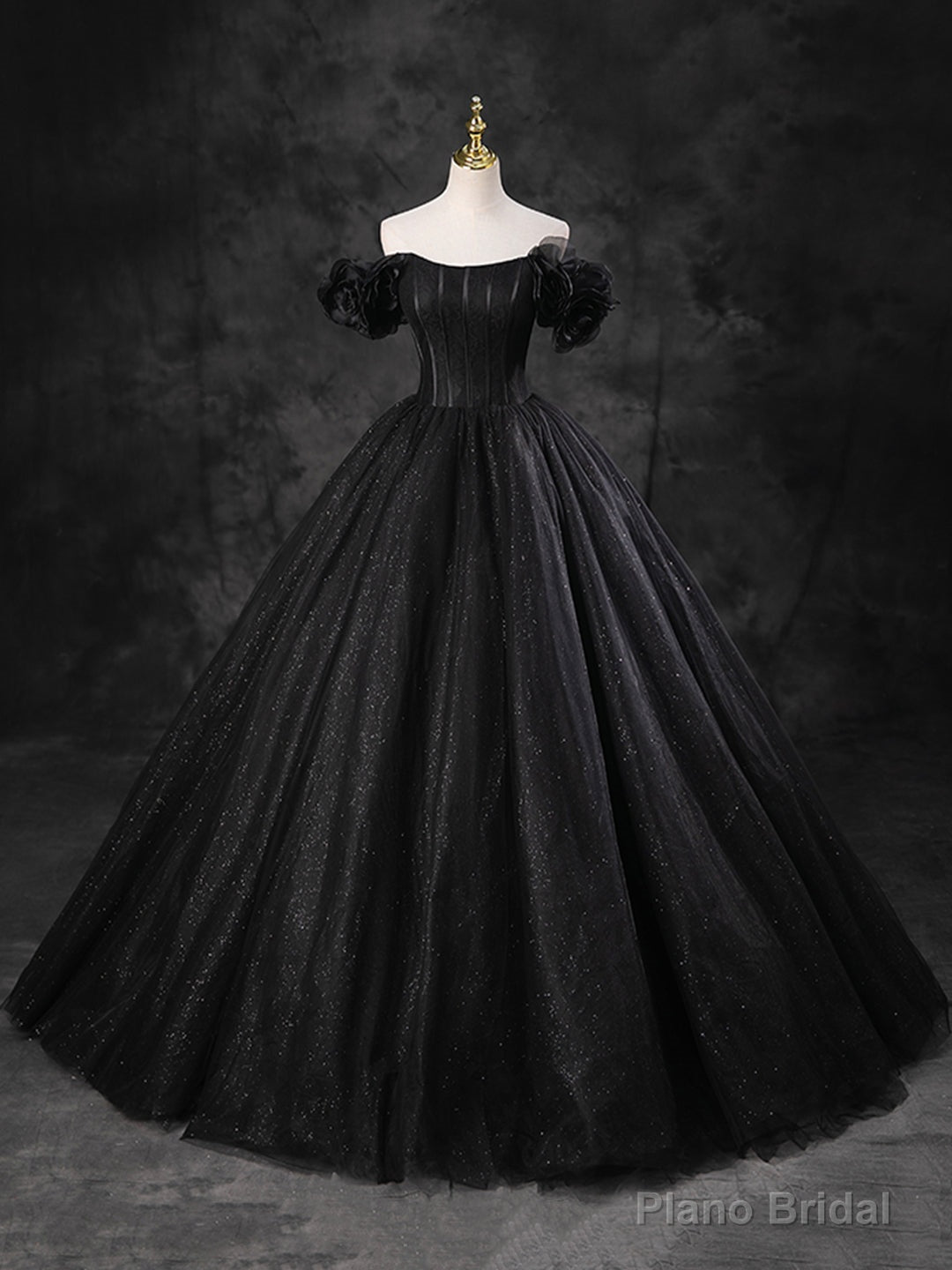 Black Sparkly Tulle Off the Shoulder Long Formal Dress, Elegant A-Line Black Evening Party Dress