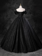 Black Sparkly Tulle Off the Shoulder Long Formal Dress, Elegant A-Line Black Evening Party Dress