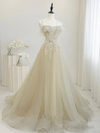 Cute Tulle Sequins Floor Length Prom Dress, Beautiful Spaghetti Strap Evening Party Dress