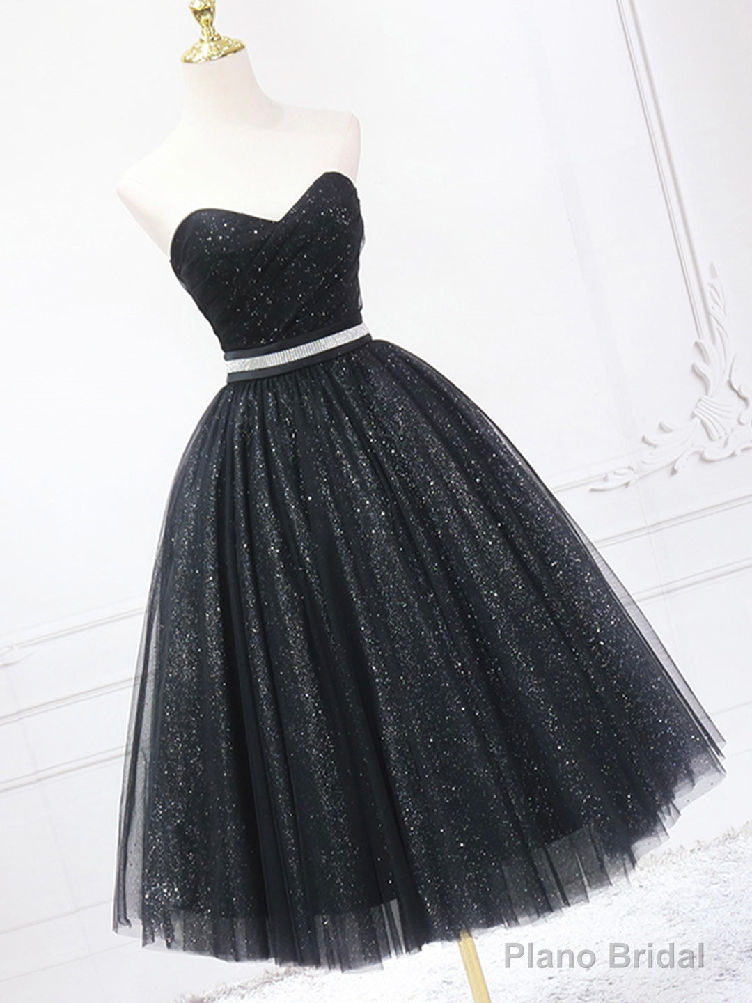 Black Shiny Tulle Tea Length Prom Dress, Black Strapless A-Line Party Dress Main image