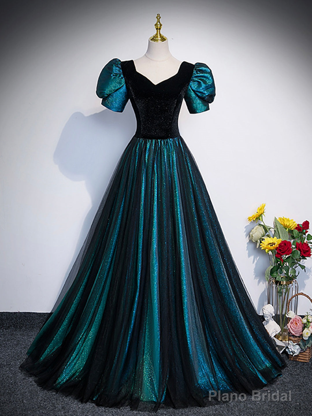 Unique Black Velvet and Tulle Long Prom Dress, A-Line Short Sleeve Evening Party Dress Main image