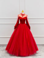 Red Velvet Tulle Floor Length Prom Dress, Beautiful Long Sleeve Evening Party Dress