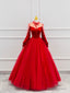 Red Velvet Tulle Floor Length Prom Dress, Beautiful Long Sleeve Evening Party Dress
