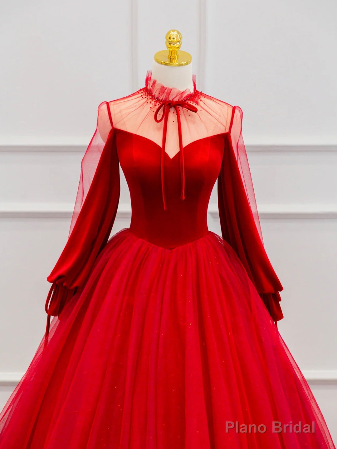 Red Velvet Tulle Floor Length Prom Dress, Beautiful Long Sleeve Evening Party Dress Secondary image