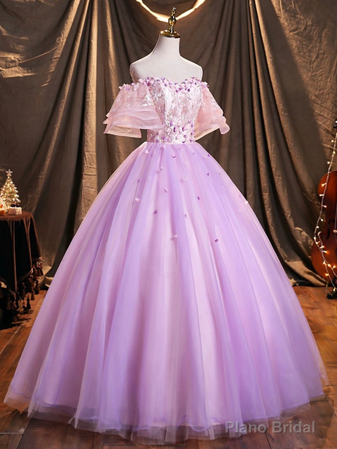 Purple Tulle Sequins Long Prom Dress, A-Line Off the Shoulder Evening Party Dress Main image