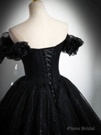Sparkly Tulle Black Sweetheart Ball Gown, A-Line Off the Shoulder Evening Dress