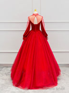 Red Velvet Tulle Floor Length Prom Dress, Beautiful Long Sleeve Evening Party Dress