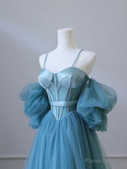 Fairy Blue Spaghetti Straps Corset Tulle Prom Dress, Detachable off Shoulder Party Dress