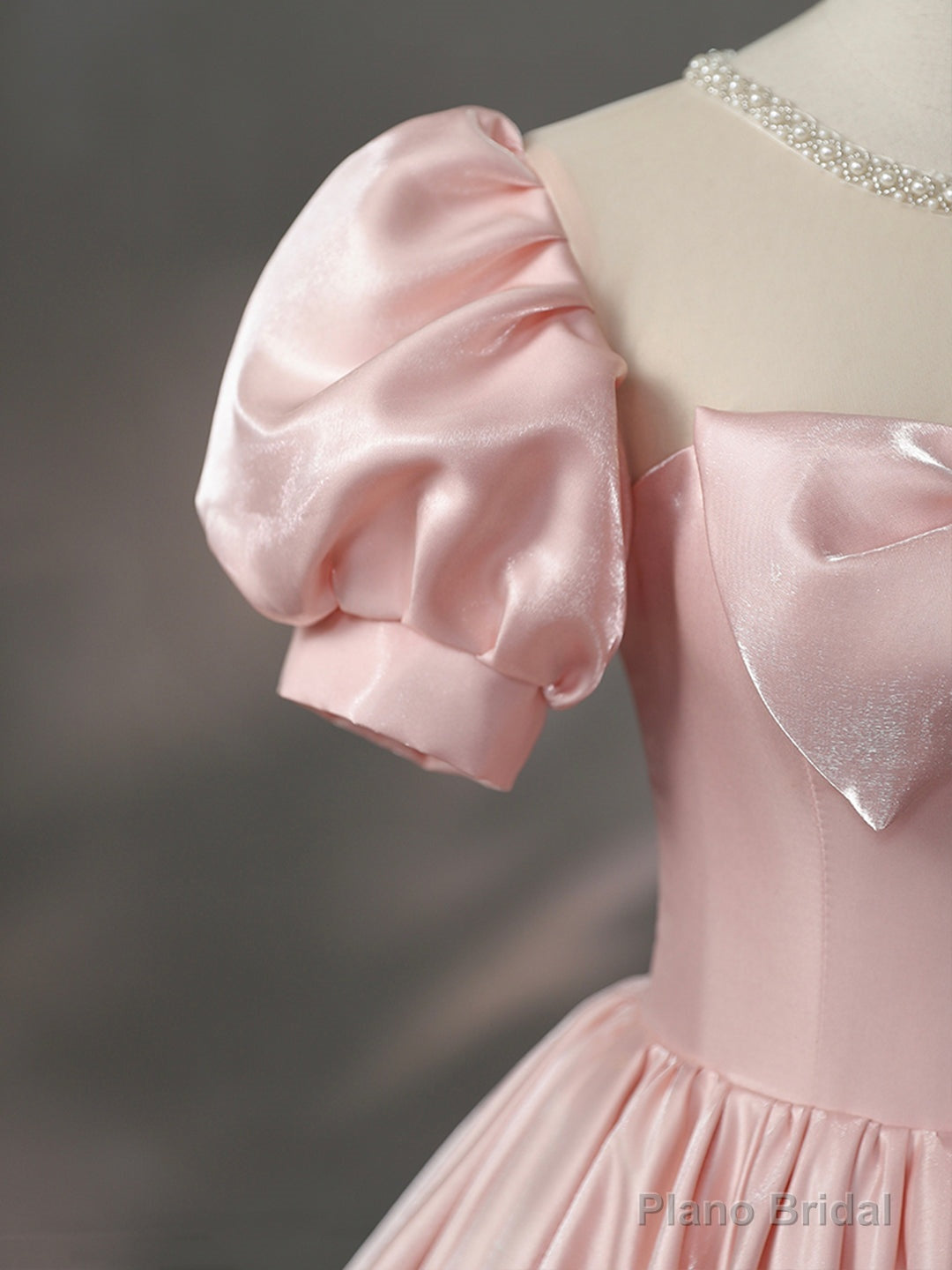 Beautiful Pink Scoop Neck Satin Floor Length Prom Dress, A-Line Short Sleeve Evening Dress with Bow