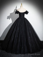 Sparkly Tulle Black Sweetheart Ball Gown, A-Line Off the Shoulder Evening Dress