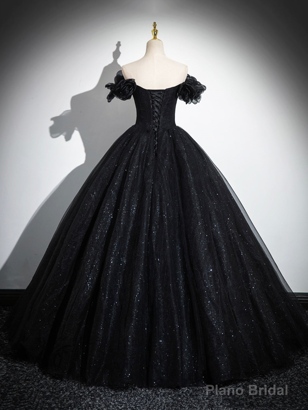 Sparkly Tulle Black Sweetheart Ball Gown, A-Line Off the Shoulder Evening Dress