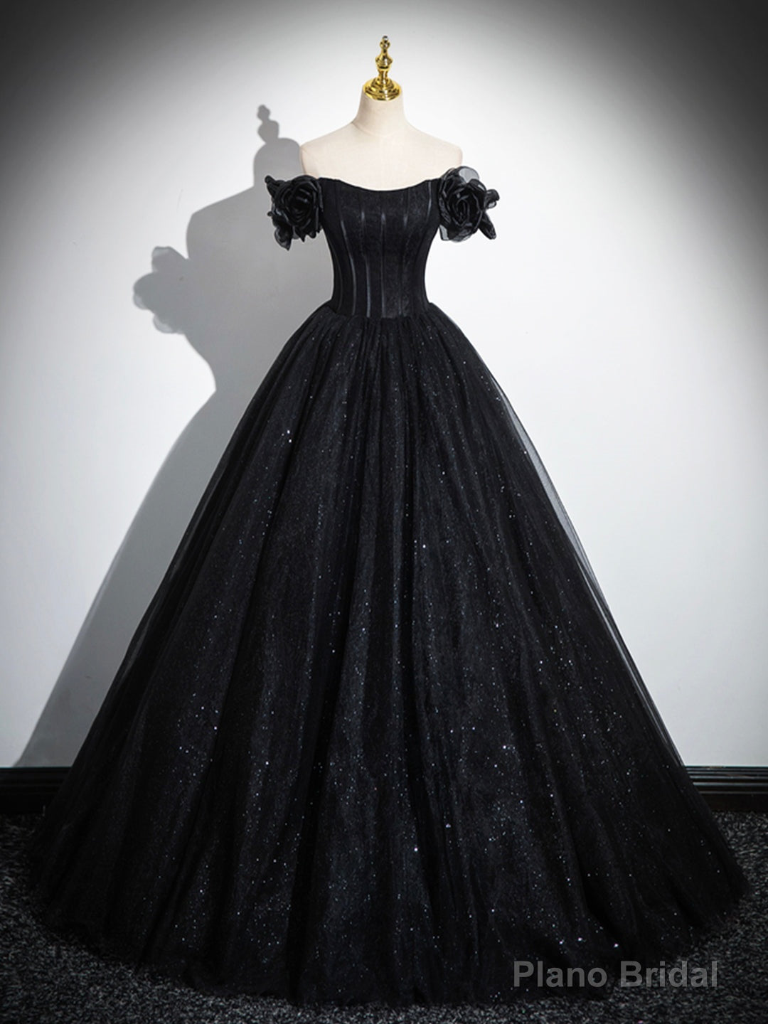 Sparkly Tulle Black Sweetheart Ball Gown, A-Line Off the Shoulder Evening Dress Secondary image