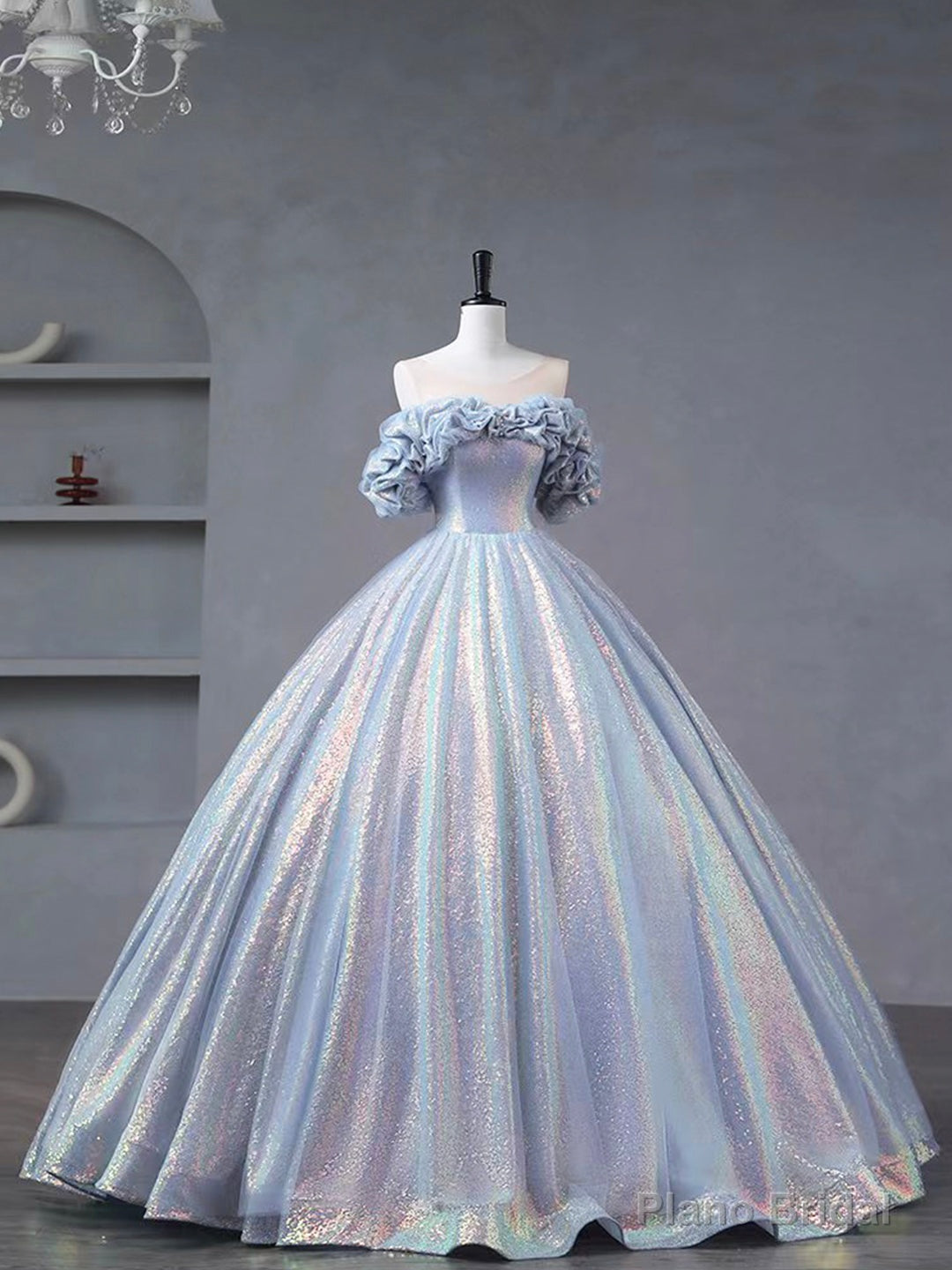 Blue Tulle Sequins Long Formal Dress, Off the Shoulder Princess Dress Sweet 16 Dress Secondary image