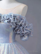 Blue Tulle Sequins Long Formal Dress, Off the Shoulder Princess Dress Sweet 16 Dress