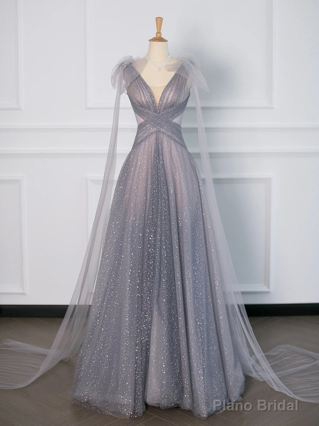 Gray Tulle V-Neck Floor Length Prom Dress, A-Line Backless Evening Party Dress Main image