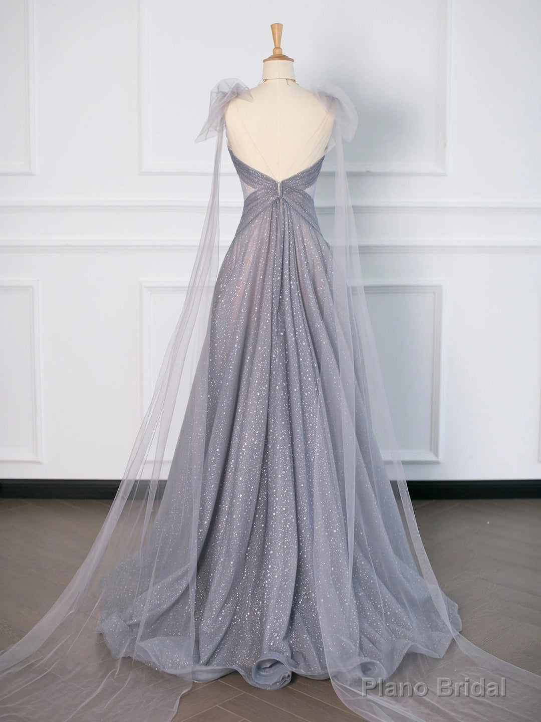 Gray Tulle V-Neck Floor Length Prom Dress, A-Line Backless Evening Party Dress Secondary image