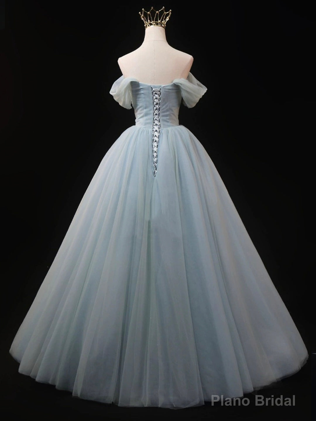Dusty Blue Tulle Beaded Long Prom Dress, Off the Shoulder A-Line Evening Party Dress Secondary image