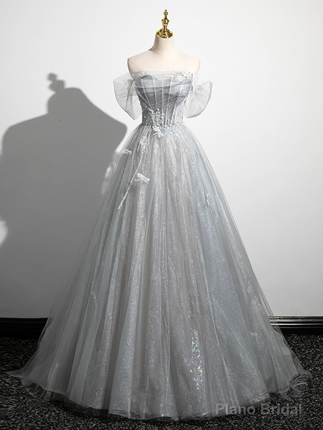A-Line Off the Shoulder Sparkly Prom Dress, Gray Tulle Corset Floor Length Evening Dress Secondary image