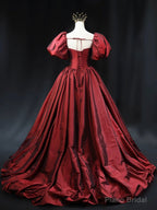 Burgundy Scoop Short Sleeves Party Dress, A-Line Long Evening Dress Prom Dress