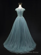 Blue Scoop Neckline Tulle Lace Long Prom Dress, Beautiful Lace Formal Evening Dress