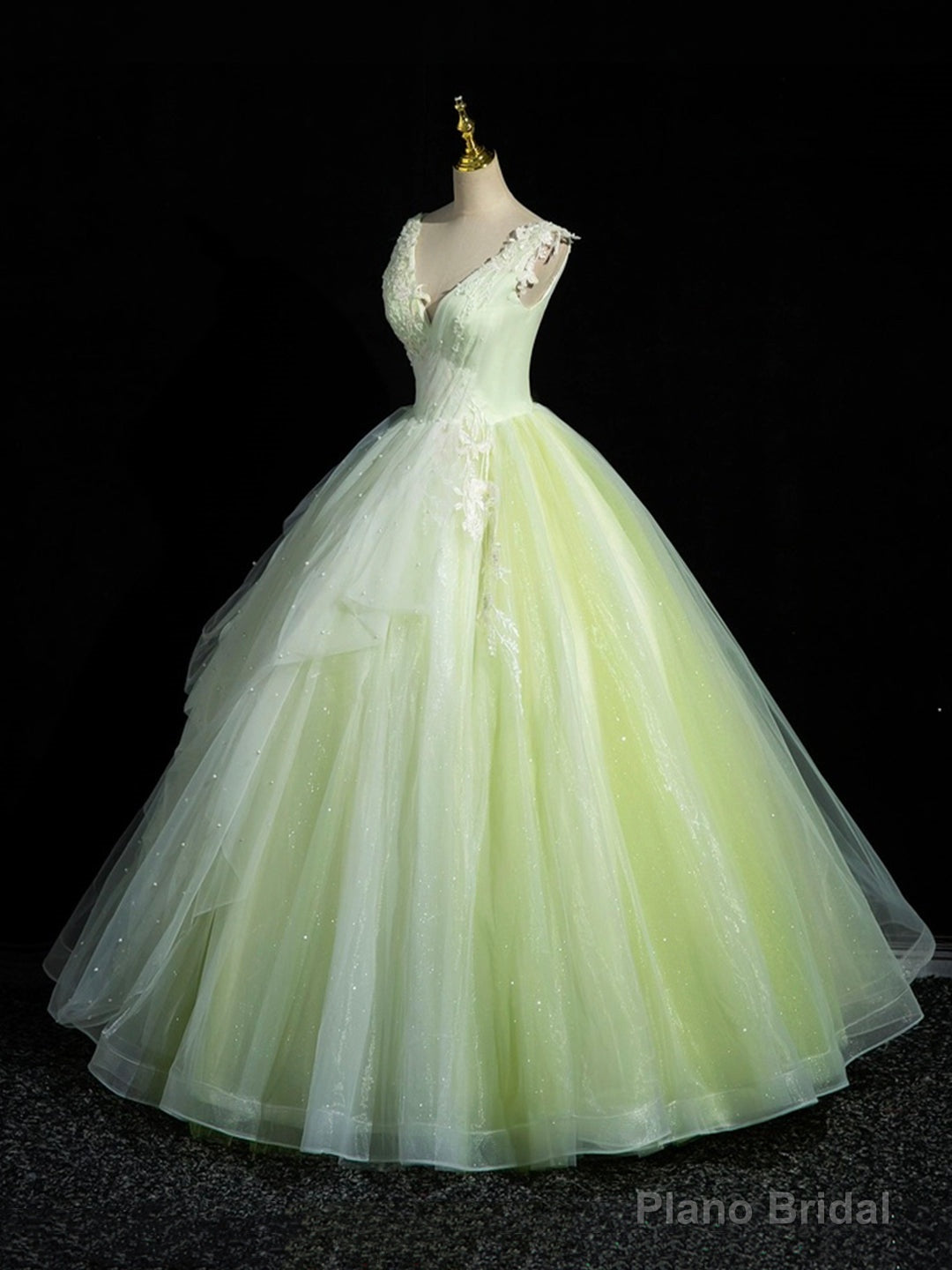 Green V-Neck Tulle Lace Long Prom Dress, A-Line Sleeveless Evening Dress Main image