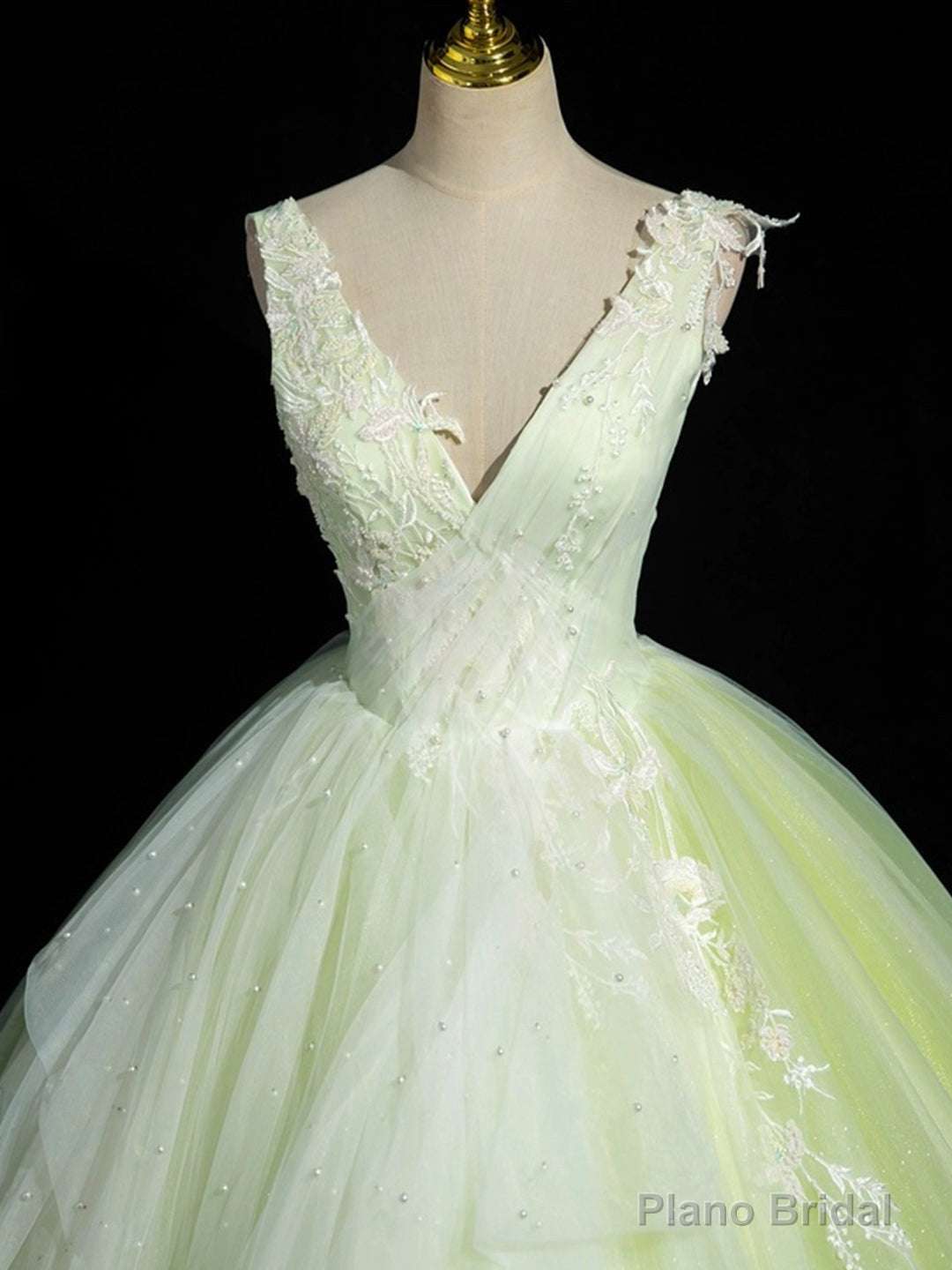 Green V-Neck Tulle Lace Long Prom Dress, A-Line Sleeveless Evening Dress Secondary image
