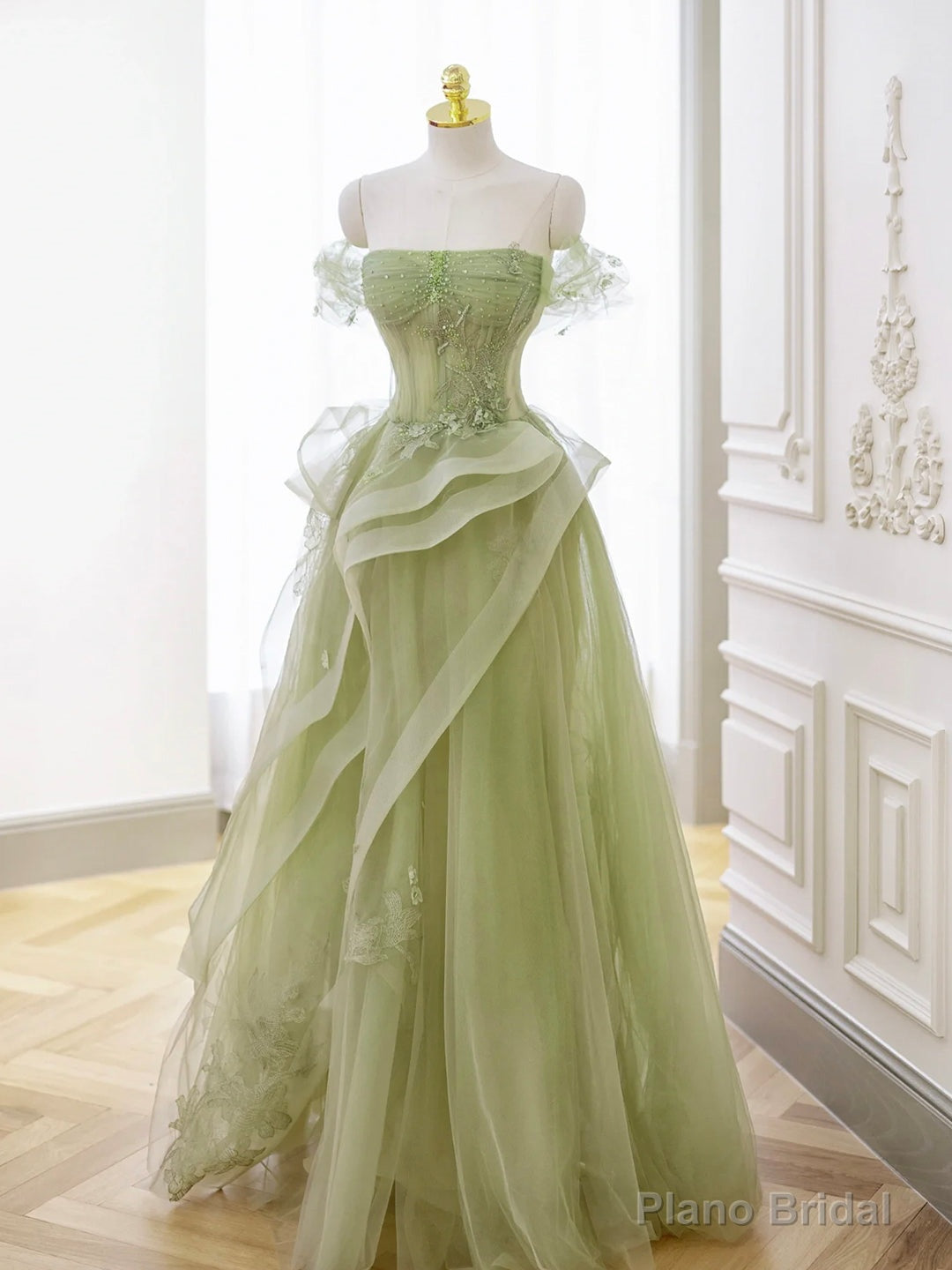 Green Tulle Long Floor Length Prom Dress, Beautiful A-Line Evening Party Dress with Lace