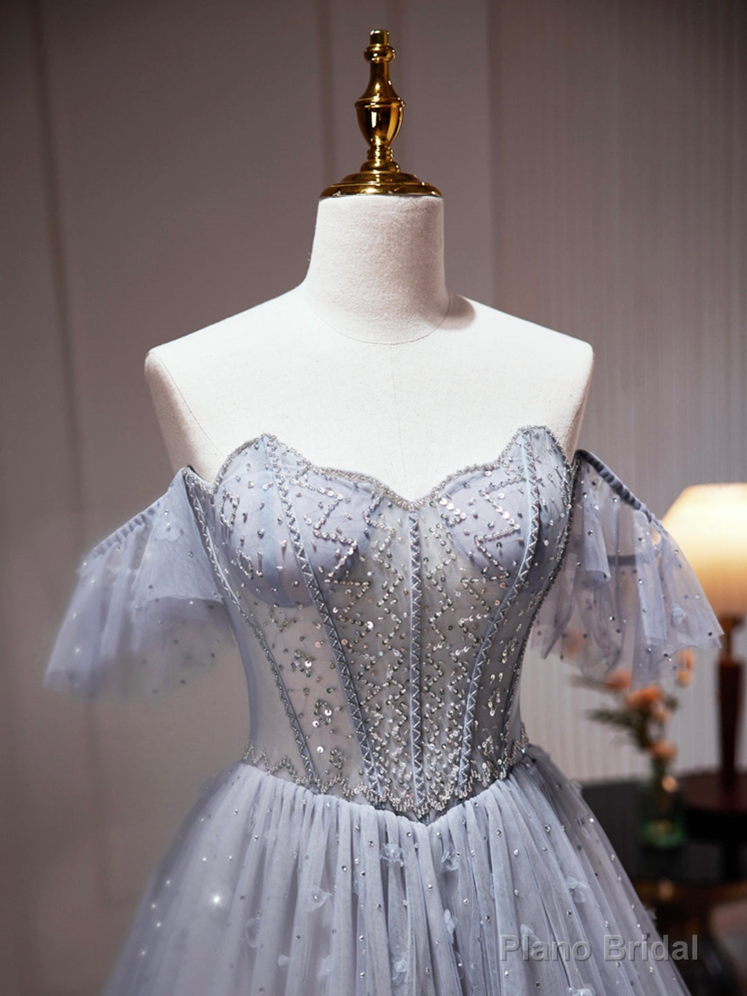 Gray Tulle Off Shoulder Beaded Party Dress, A-Line Tulle Formal Dress Prom Dress Secondary image