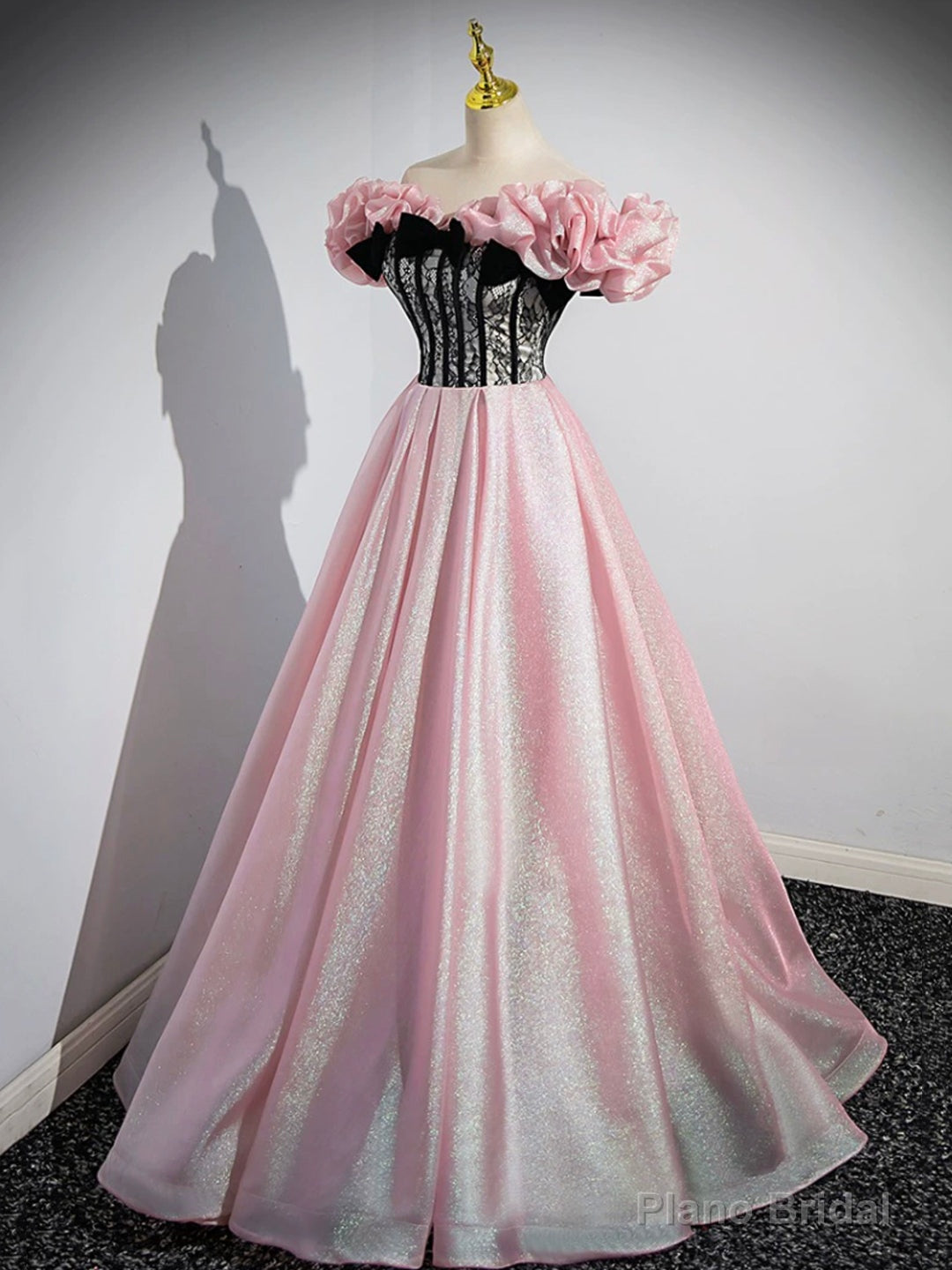 A-Line Shiny Tulle Long Pink Corset Prom Dress, Off the Shoulder Pink Evening Dress Secondary image