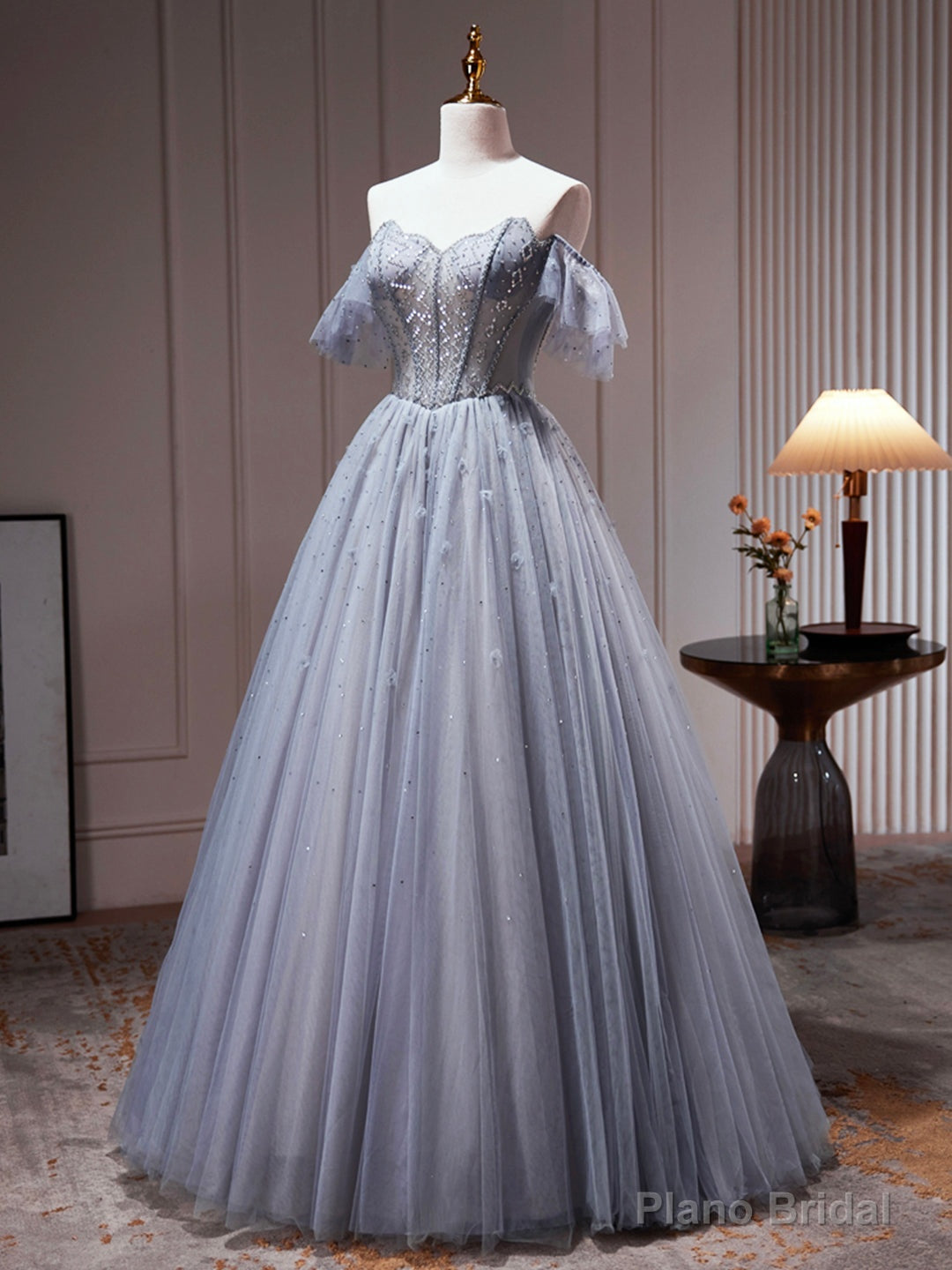 Gray Tulle Off Shoulder Beaded Party Dress, A-Line Tulle Formal Dress Prom Dress Main image