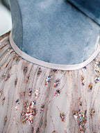 Blue Velvet and Tulle Long Prom Dress, Off Shoulder Evening Dress Party Dress