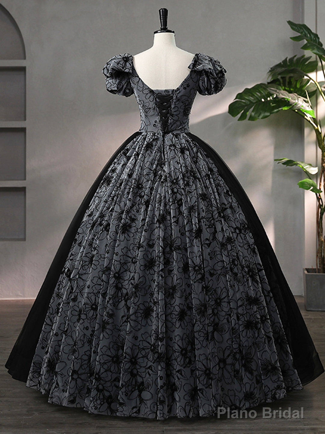 Beautiful Black Rhinestone Flower Prom Dress, Black V-Neck Short Sleeve Evening Dress