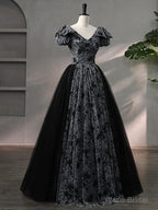 Beautiful Black Rhinestone Flower Prom Dress, Black V-Neck Short Sleeve Evening Dress