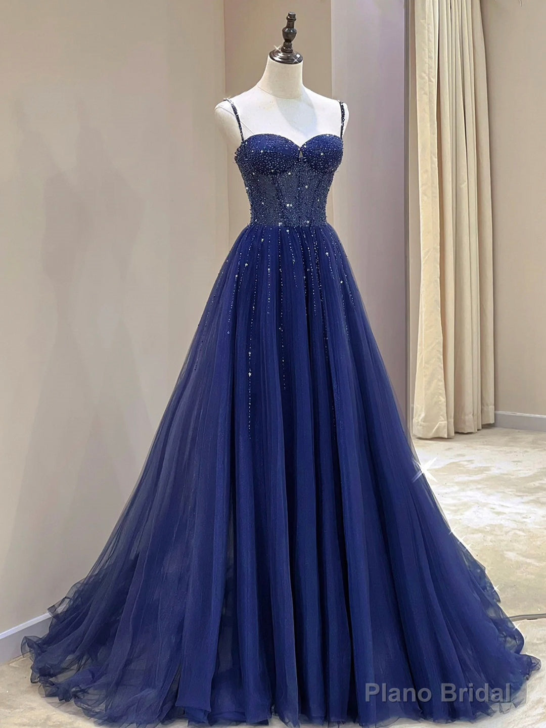 Blue Spaghetti Straps Tulle Beaded Long Formal Dress, Blue A-Line Evening Dress with Corset