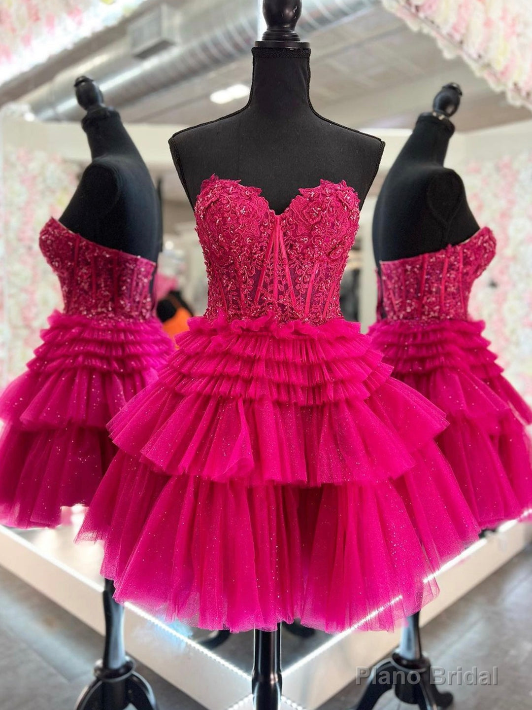 Cute Tulle Layers Short Prom Dress, Lace Strapless Homecoming Dress Main image