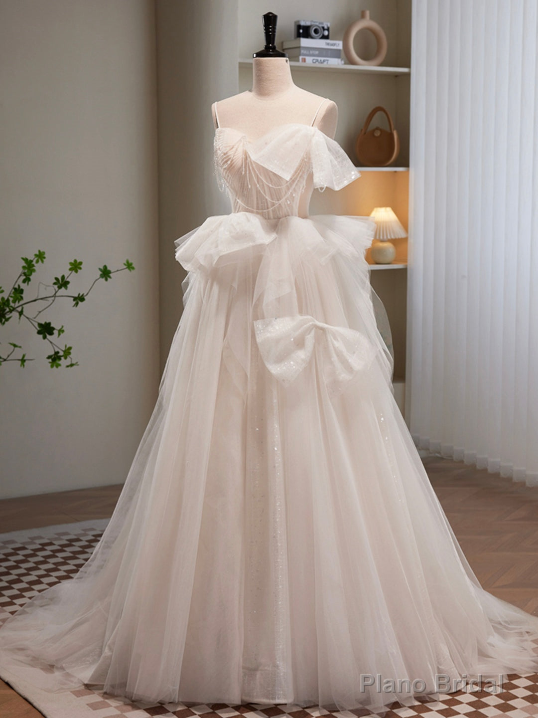 Light Champagne Tulle Long Princesse Dress, Lovely Spaghetti Straps Evening Party Dress Main image