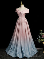 Pink Gradient Shiny Floor Length Prom Dress, Off Shoulder A-Line Evening Party Dress